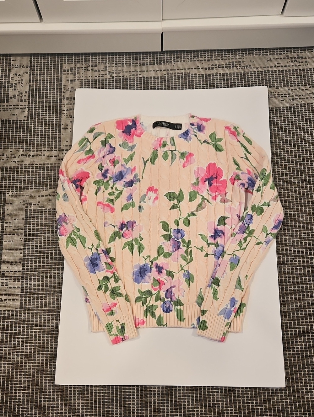 LAUREN RALPH LAUREN Cable-Knit Sweater with Pink and Purple Floral Print